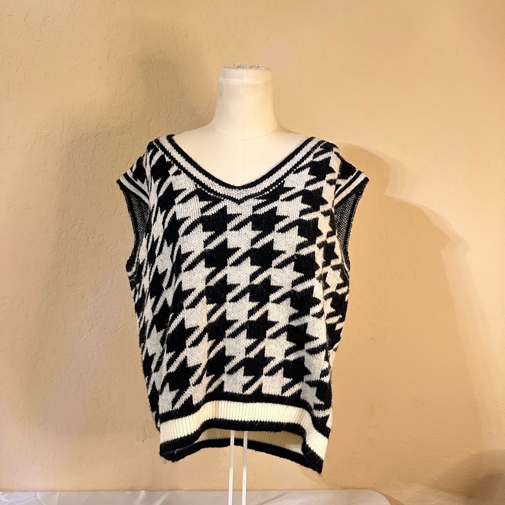 Black and White Houndstooth Sweater Vest